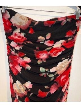 Thirty Thirty Black Floral Strapless Ruched Bodycon Midi Dress Size XL